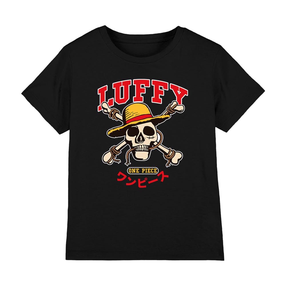 One Piece Luffy Collegic Skull Kids T-Shirt, Black, 9-11Y