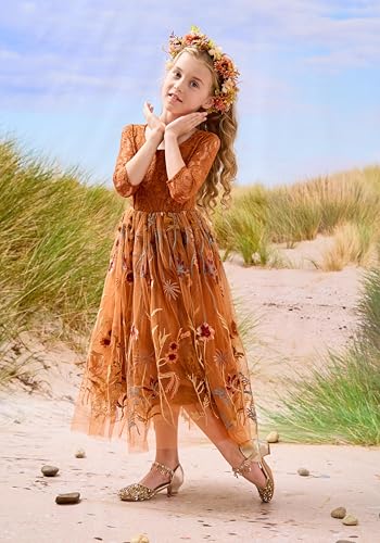 VEYOLOB Flower Girl Dress A-Line Floral Embroidered Tulle Lace Long Sleeve Dresses for Wedding Garden Birthday Party2