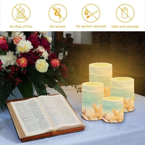 Image of Flameless Candles Battery Powered LED Candles with Remote Timer Color Changing Control Long Lasting for Indoor Outdoor Beach Home Decoration Set of 4, Coastal Starfish Blue Sea