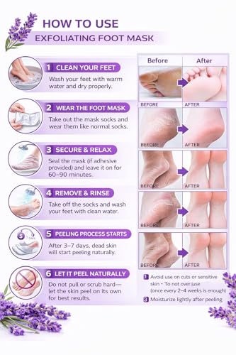 Image of Exfoliating Foot Peeling Mask Socks for Men & Women | Dead Skin Remover Foot Mask Removes Calluses & Cracked Heels | Hydrating Lavender Foot Peel Booties | for Soft Smooth Feet Care K Beauty Night Care (PACK OF 02)