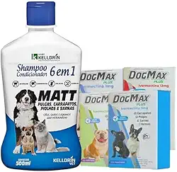 Kit tratamento - Remédio para pulgas, carrapatos, vermes e sarna 4 Comprimidos + Shampoo 6 em 1 (6 a 15kg)