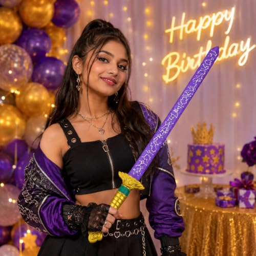Image of Wanna Party Korean Pop Fantasy Toy Sword, 26 Inch Purple Cosplay Prop Sword with Golden Handle for Costume Party, Birthday Gift, Stage Performance, Dance Theme & Party Dress-Up Accessory