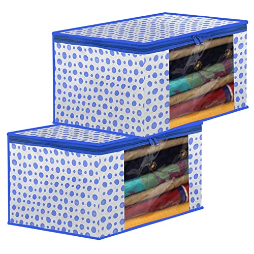 Image of Kuber Industries Dot Printed Foldable, Lightweight Non-Woven Saree Cover /Organizer With Tranasparent Window- Pack of 2 (Blue)-46KM0491