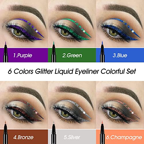 De'lanci Glitter Eyeliner Set, 6 Color Shimmer Liquid Eyeliner Waterproof, High Pigmented Metallic Satin Finish Sparkling Eyeliner Pen, Long-Lasting & Quick-Drying & Smudge Proof Formula #TOP4