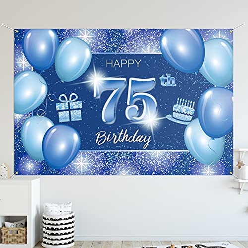 5665 Happy 75th Birthday Backdrop Banner Decor Blue – Dot Glitter Sparkle 75 Years Old Birthday party Theme Decorations for Men Women Supplies