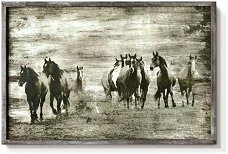 Horses Framed Wall Art Decor: Vintage Western Farm Wooden Painting Rustic Black Mustang Picture Wild Animals Walking in the Vast Pasture Artwork for Bedroom