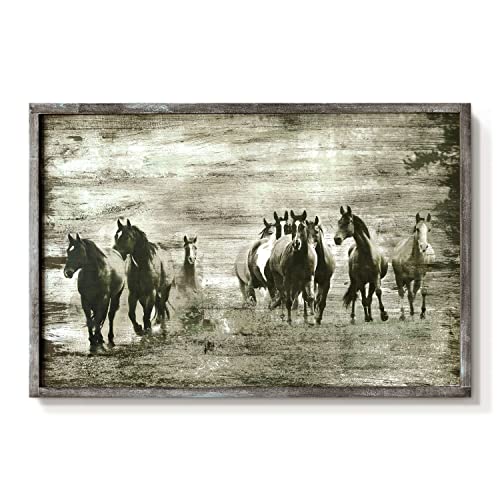 Horses Framed Wall Art Decor: Vintage Western Farm Wooden Painting Rustic Black Mustang Picture Wild Animals Walking In The Vast Pasture Artwork For Bedroom #TOP28