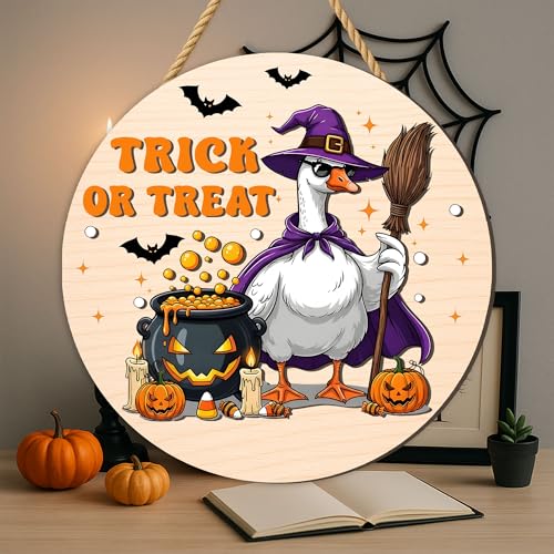 Whimsical Halloween Door Hanger – Charming Witch Goose with Broom Wooden Sign – Trick or Treat Decorative Plaque with Bat and Spider Web – Adorable Fall Front Door Charm - Image 5