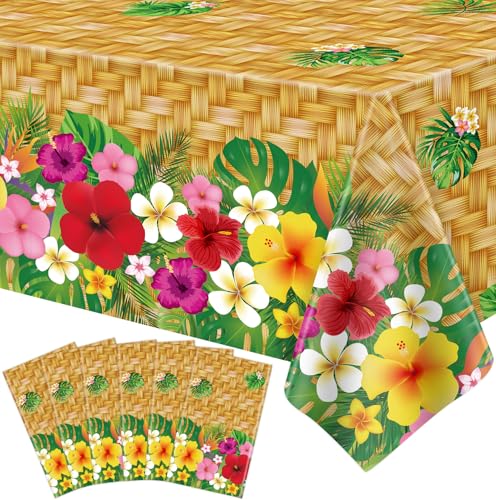 Image of 6Pcs Hawaiian Luau Tablecloths Hawaiian Luau Table Cover Tropical Palm Leaves Tablecloth 86 x 51 in Palm Leaves Table Cloth Baby Birthday Party Summer Pool Tropical Party Decorations (6)