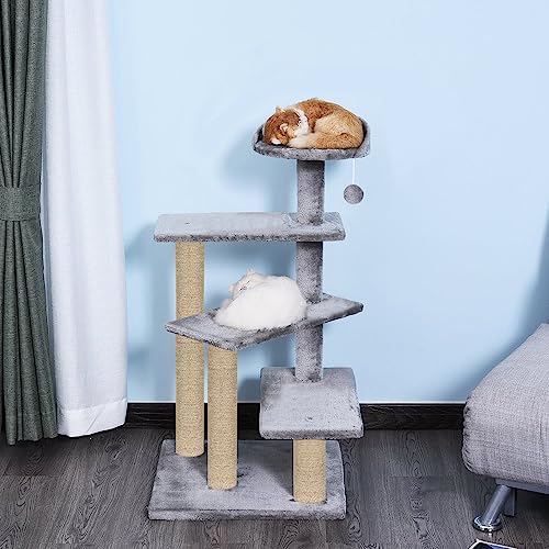 Image of Cat Tree Tower, Multi-Level, Grey, Sisal Scratching Posts, 36 Inch Height, with Perch and Hanging Toy (FURR-40) (Grey)