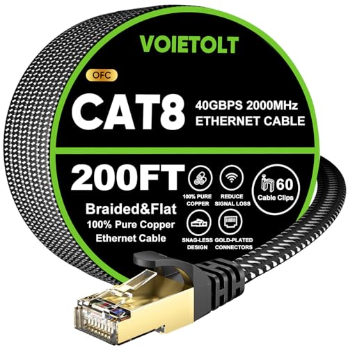 Image of Cat 8 Ethernet Cable 200 FT Flat, High Speed 40Gbps 2000Mhz Braided Internet Cable with Gold Plated RJ45 Network LAN Cable SSTP, Heavy Duty Ethernet Cord Compatible for PS4 /5, for Modems, PC /Laptop