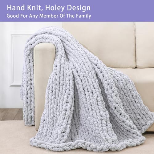 Bigacogo Chunky Knit Throw Blanket for Couch, 40x80 inches, 100% Hand Knitted with Thick Jumbo Chenille Yarn, Cozy Soft Large Rope Knot Cable Crochet Blankets for Sofa Bed Living Room, Light Grey