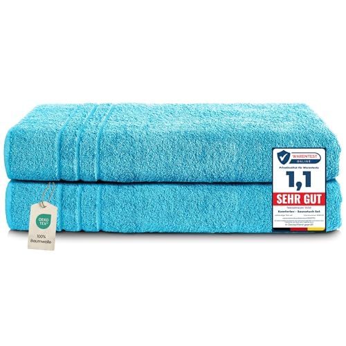 Komfortec 2er Saunatuch Set 80x200 cm aus 100% Baumwolle, XXL-Saunatücher, Sauna Handtuch, Weich, Groß, Frottee, Schnelltrocknend, Türkis