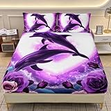 AILONEN Cute Dolphin Bedding Set Queen Size,Romantic Flower Hearts Dolphin Couple Sheet Set,Rose Fitted Sheet with 2 Pillowcases,3 Pieces