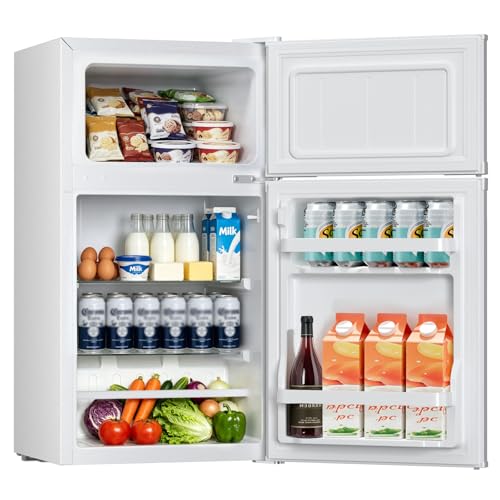 Image of Kismile 2.5 Cu.Ft Mini Fridge with Freezer, Double Door Compact Refrigerator, 3-Level Mechanical Thermostat, Reversible Door&Removable Shelves, Quiet Fridge Ideal for Office, Apartment, Dorm, White