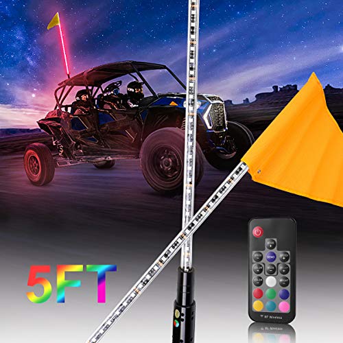 kemimoto 5ft LED Whip Lights w/Flag [20 Colors] [Wireless Remote] [Weatherproof] Compatible With
