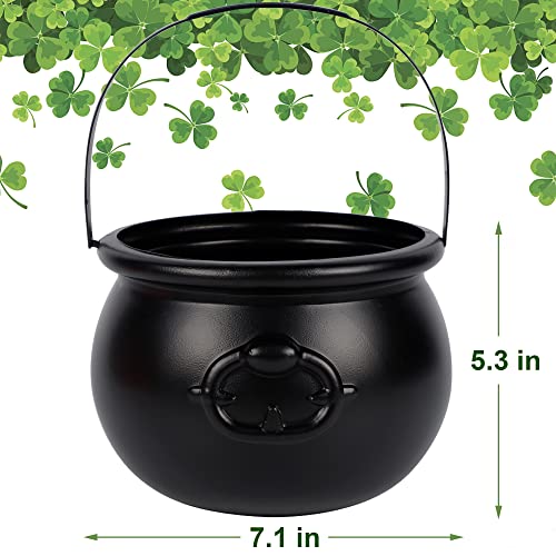 Zcaukya St Patricks Day Coin Pot, 7.4" Black Plastic Cauldron Kittle with Handle, Punch Bowl for Parties, Parade, Carnival, Dressing Accessories, Halloween Trick or Treat, Easter Egg Hunt