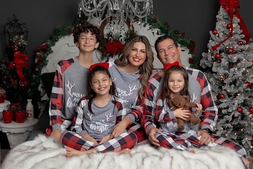 Image of IFFEI Matching Family Pajamas Sets Christmas PJ's with Letter and Plaid Printed Long Sleeve Tee and Bottom Loungewear