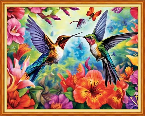 Image of Dimensean Stamped Cross Stitch Kits Full Range of Embroidery Patterns Starter Kits for Beginners Adult DIY Cross Stitches Needlepoint Kits 11CT-Hummingbird Flowers 16x20 inch