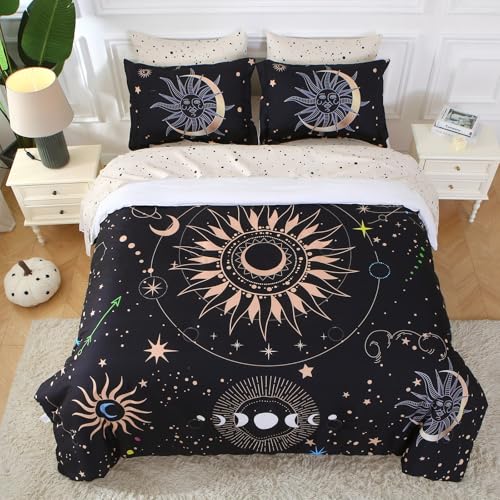 Gusuhome 7 Piece Sun and Moon Comforter Set Bed in a Bag Queen Size - Boho Celestial Constellations Bedding for Girls Women - Black Gold - Lightweight Comforter with Sheets and Pillowcases