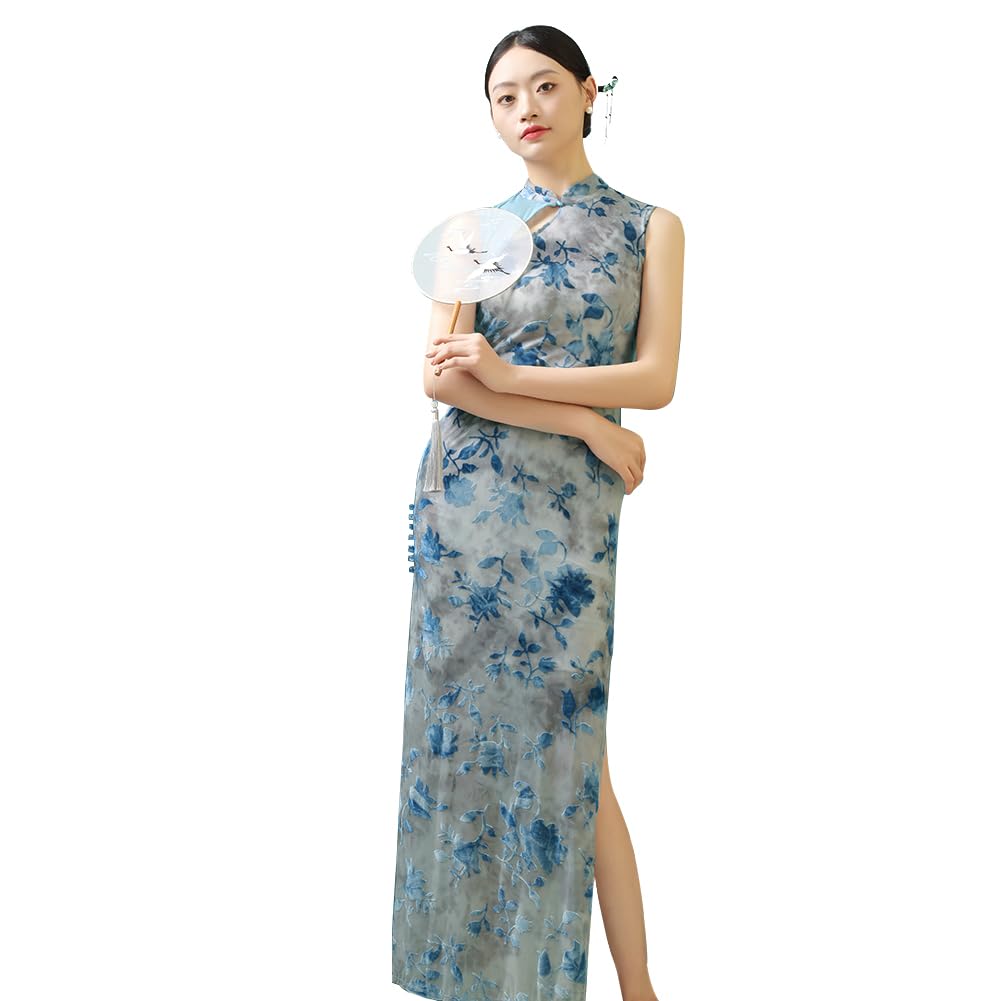 ROYAL SMEELA Cheongsam Velours pour Femme Qipao Imprimé Sexy Robe Qipao sans Manches Col Mandarin Robe Cheongsam Qipao Traditionnelle Chinoise Qipao Longue Adulte Robes Cheongsam Fente Bleu