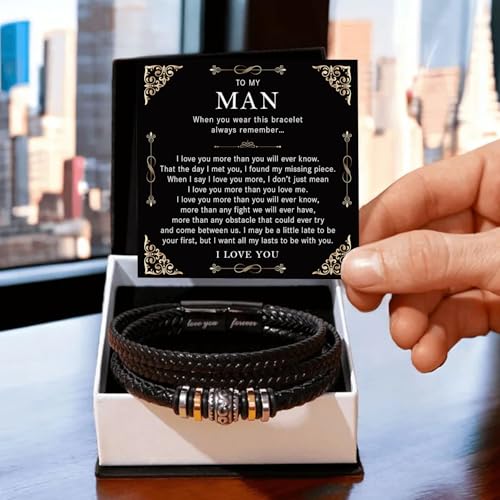 To My Man Bracelet From Girlfriend Wife With Heartfelt Message & Elegant Box, Braided Leather Stainless Steel Bracelets Lettering Love You Forever Gifts for Husband Boyfriend Brother.3