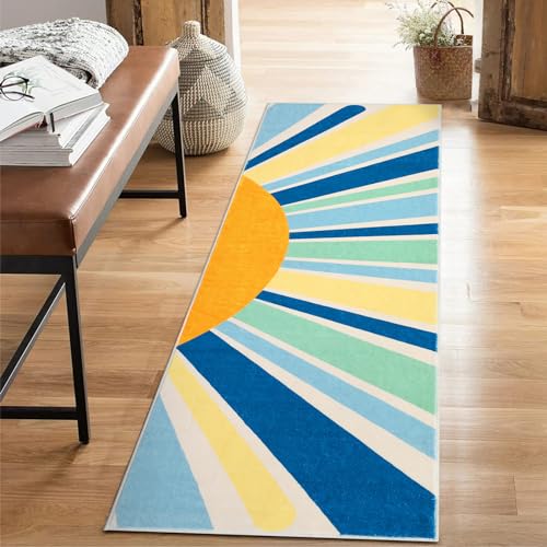 GarveeHome Extra Long Hallway Runner Rug 3x8 Washable Runner Rug Colorful Sunrise Nursery Rug Boho Retro Runner Carpet Non-Slip Throw Floor Covers Rai