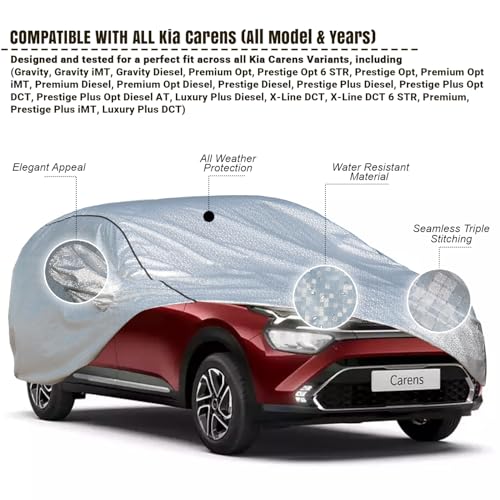 Image of Pivalo Car Cover for Kia Carens All Model & Years (2022-2025) 100% Waterproof with Mirror Pockets, Triple Stitched Bottom Elastic Dustproof Full Body Protection (Heat & UV Resistant, Silver)
