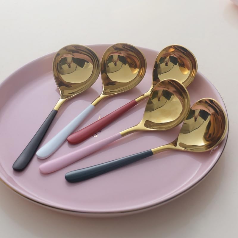 Silverware Flatware Set, 1/4/6/8/10/12 Pcs Household Korean Soup Spoon 304 Stainless Steel Round Head Soup Spoon Large Spoon(Pink Gold,10 Pieces)