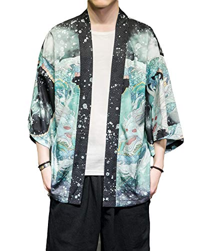 Image of Men's Japanese Kimono Robe Jacket Lightweight 3 /4 Sleeve Open Front Yukata | Silky Smooth Fashion Print Happi Coat Lightweight Breathable Loose Unisex Haori Casual Summer Cardigan Daily Beach Vacation