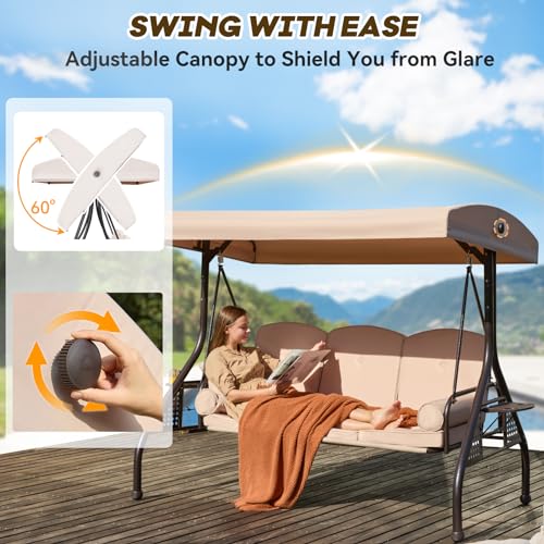 Image of 3 in 1 Outdoor Porch Swing with Adjustable Canopy, 3 Seat Outdoor Swing for Adults, Patio Swing Chair with Thickened Cushions,Pillows & Cup Holders for Backyard, Porch, Garden (Beige)