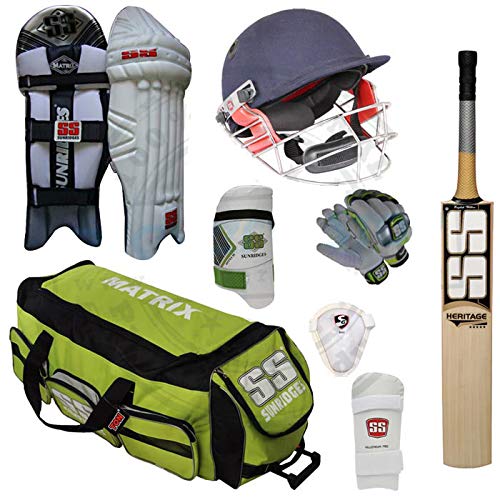SSCricket Kit with Full Size Bat (Cricket Bat EW, Pads, Gloves, Helmet, Bag, Elbow Guard, Thigh Guard) Cricket kit Used by Many International Players Cricket Sets