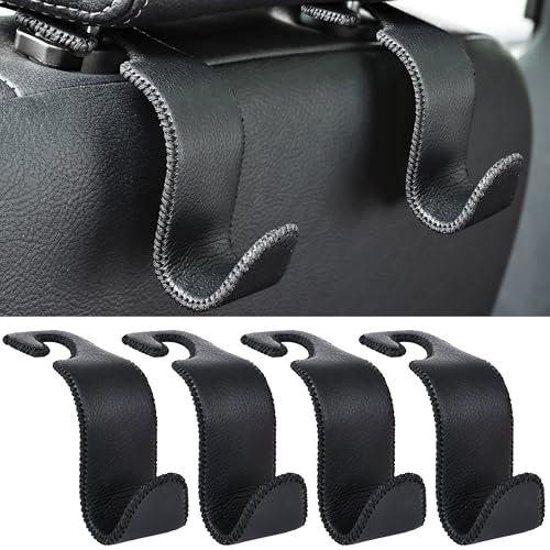Image of Amooca Car Seat Headrest Hook 4 Pack Metal Core Hanger Universal Car Storage Organizer for Handbag Purse Coat S Type Leather Black