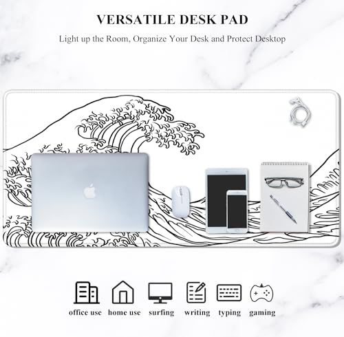 Image of Auhoahsil Large Mouse Pad, XXL Gaming Mousepad, Desk Mat for Desktop, Thick Rubber, Big & Long Size, Stitched Edges, Full Desk Pad for Laptop & Computer, Extended 35.4 x 15.7 in, White Great Wave