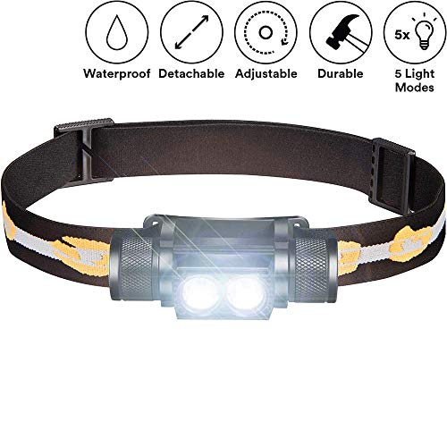 ALFLASH Rechargeable CREE LED Headlamp Waterproof Super Bright USB Headlight Lightweight Head Torch 5 Modes Headlight for Cycling Running Camping Hiking Fishing (Double)