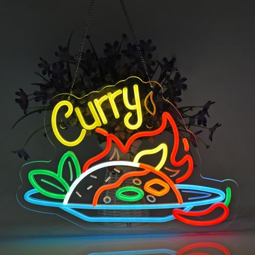 Image of Curry Neon Sign, Neon Lights Hanging Wall Art Decoration for Restaturant Shop Store Bar Market Party Celebration Home Decor, USB Powered Ultra Bright Dimmable,16.14x11.42inches