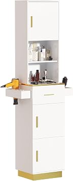 Tall Hair Salon Station for Hair Stylist with Storage White | 6 Tools Holders, a Drawer, 2 Open Shelves, 3 Large Storage Cabinets