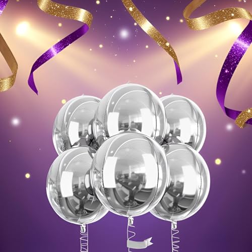 Image of 6 pcs 22Inch Silver Ball Ballons, 4D Large Foil Balloons with Metallic Star for 70s Disco Dance Birthday Graduation New Year (Silver Ball 6pcs)
