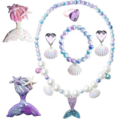 Mermaid Jewelry Set for Girls - 7Pcs Costume Dress Up Accessory With Shell Necklace, Bracelet, Earrings, Ring, Hair Clips - Birthday Party Decoration Gift Cosplay