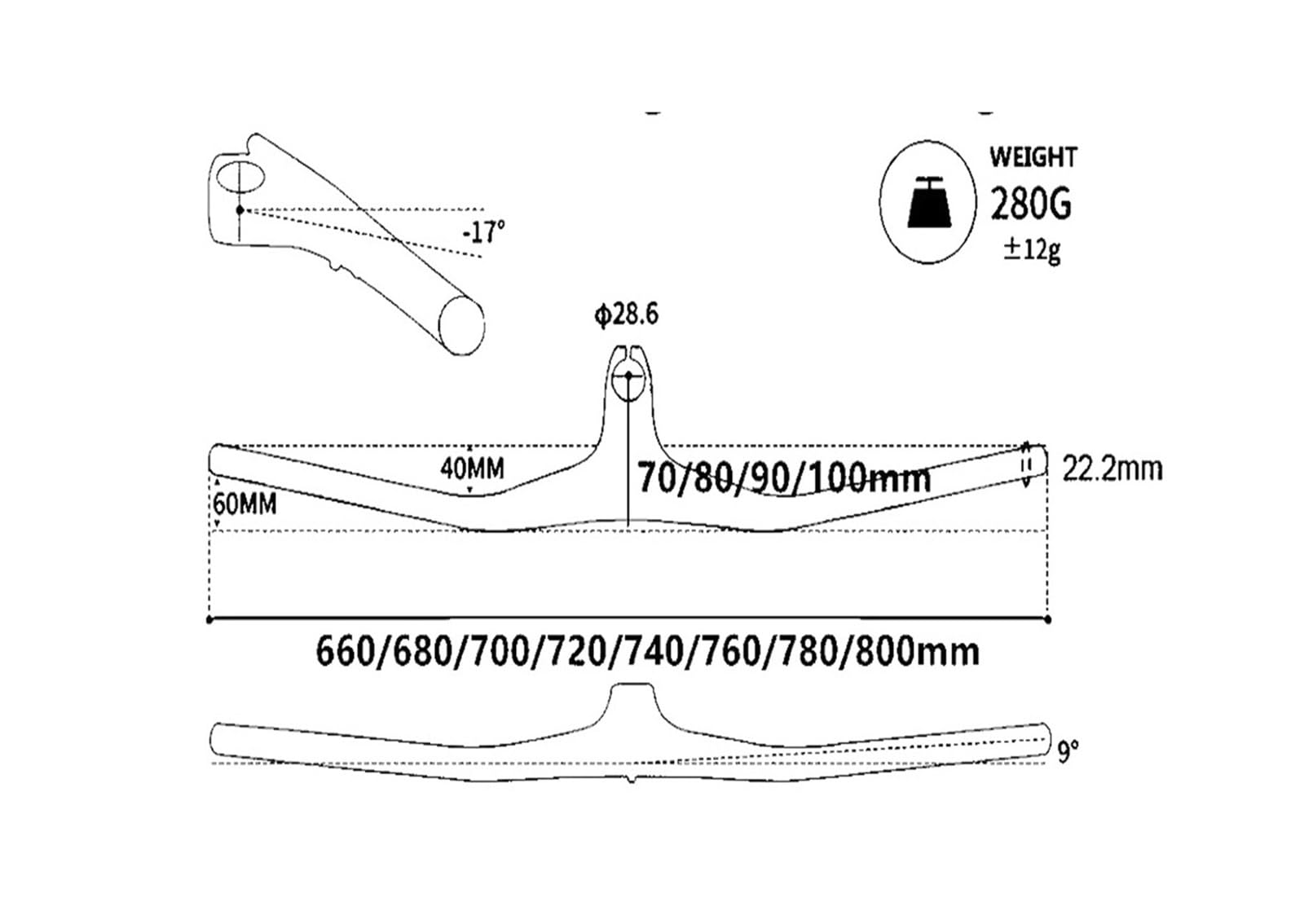 Guidon de vélo en forme unique, 28.6mm, 17 degrés, 70/80/90/100mm