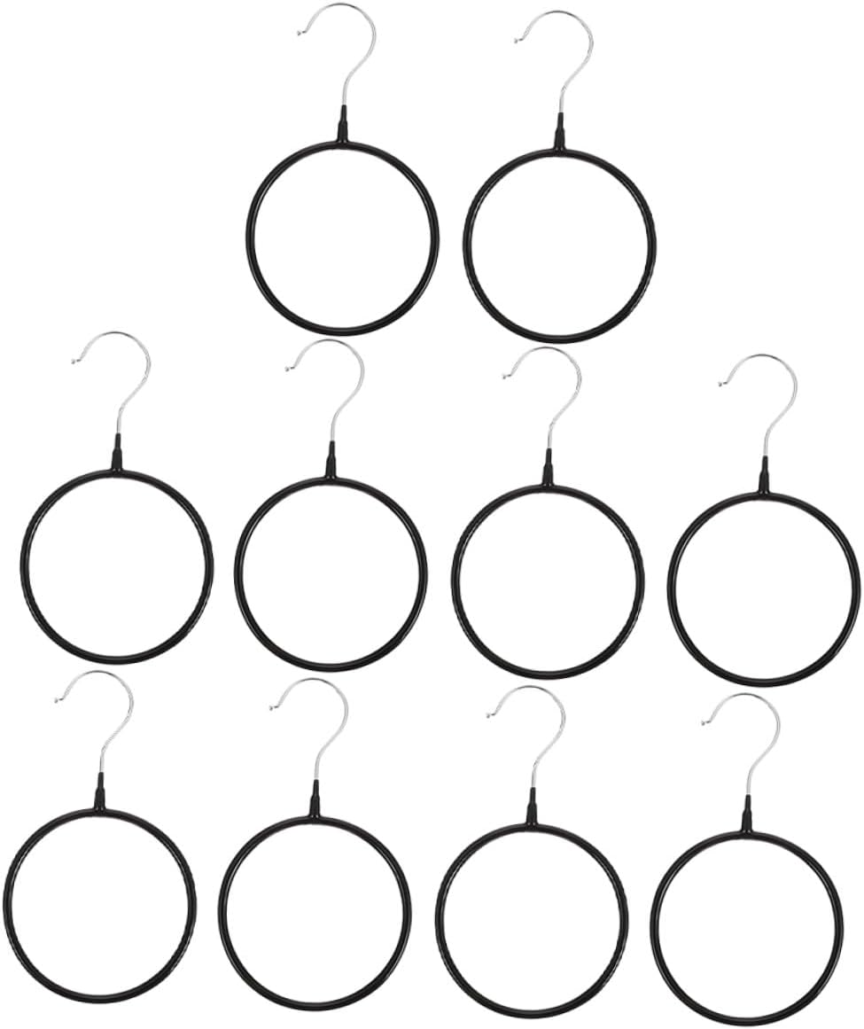 SHINEOFI 10pcs Large Black Plastic-Coated Metal Scarf Ring Hangers with Hooks Scarf and Belt Organizer for Closet Storage Space-Saving Accessory Rack for Women’s and Ties