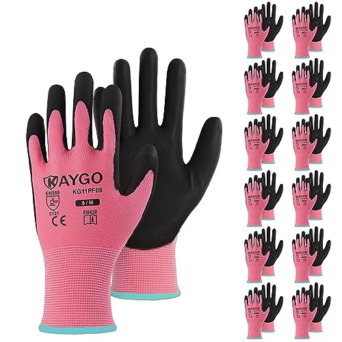 Image of KAYGO Work Gloves for Men and Women,12 Pairs Seamless Knit PU Coated Safety Gloves, with Smooth Grip on Palm and Fingers, Ideal for Light Warehouse, Manufacturing, Gardening, KG11P (M,Pink)