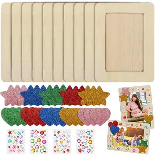 10 cadres photo en bois pour enfants - Kit de bricolage DIY avec 4 types de pierres de glitter pour décoration - Dimensions : 14 x 19 cm - Kit de bricolage...