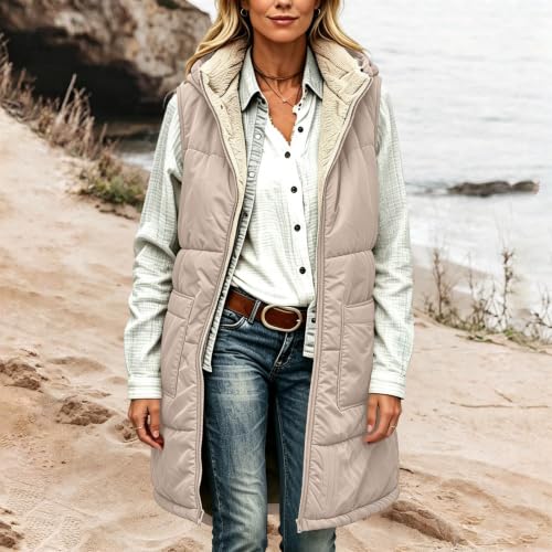 Women Sherpa Fleece Vest Hooded Zip Up Long Quilted Winter Puffer Gilet - image 3