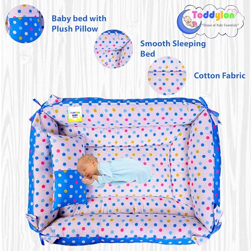 Image of Toddylon Baby Bed Bedding Set for New Born Baby Mattress with Mosquito Net & Pillow (0-12 Months) Blue