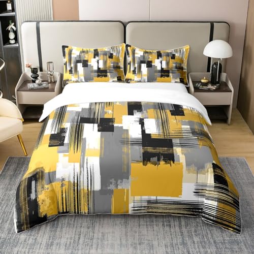 Homemissing Jaune Gris Noir 100% Coton Parure de Lit Abstract Housse de Couette 220x240cm Decor Ligne de Rayures Housse de Couette Microfibres Art Modernee...