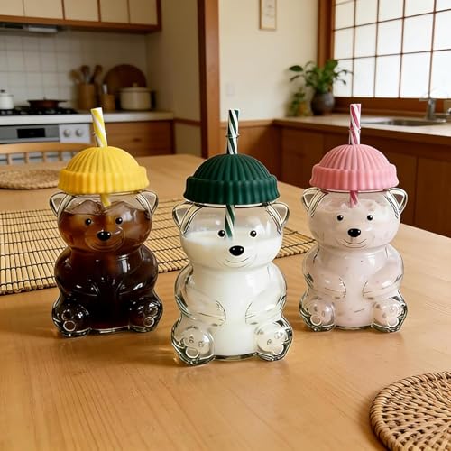Image of Hogg Texello 2026 New Glass Bear Cup Bear Straw Cup, 20oz Cute Bears Glass Tumbler with Reusable Straw - Cute Animal Mug for Hot and Cold Drinks, Smoothies, Water, Juice, Travel & Gifts (Black)