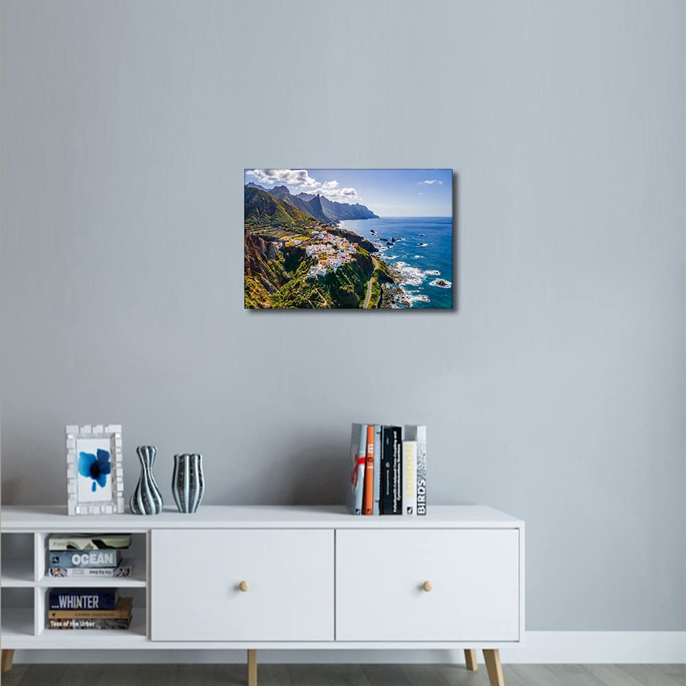Canvas Wall Art Coastal Village at Tenerife Canary Islands Spain Landscape for Living Room Bedroom Home Decor Beach Artwork for Home Walls Framed Ready to Hang 8x12inch - Image 4