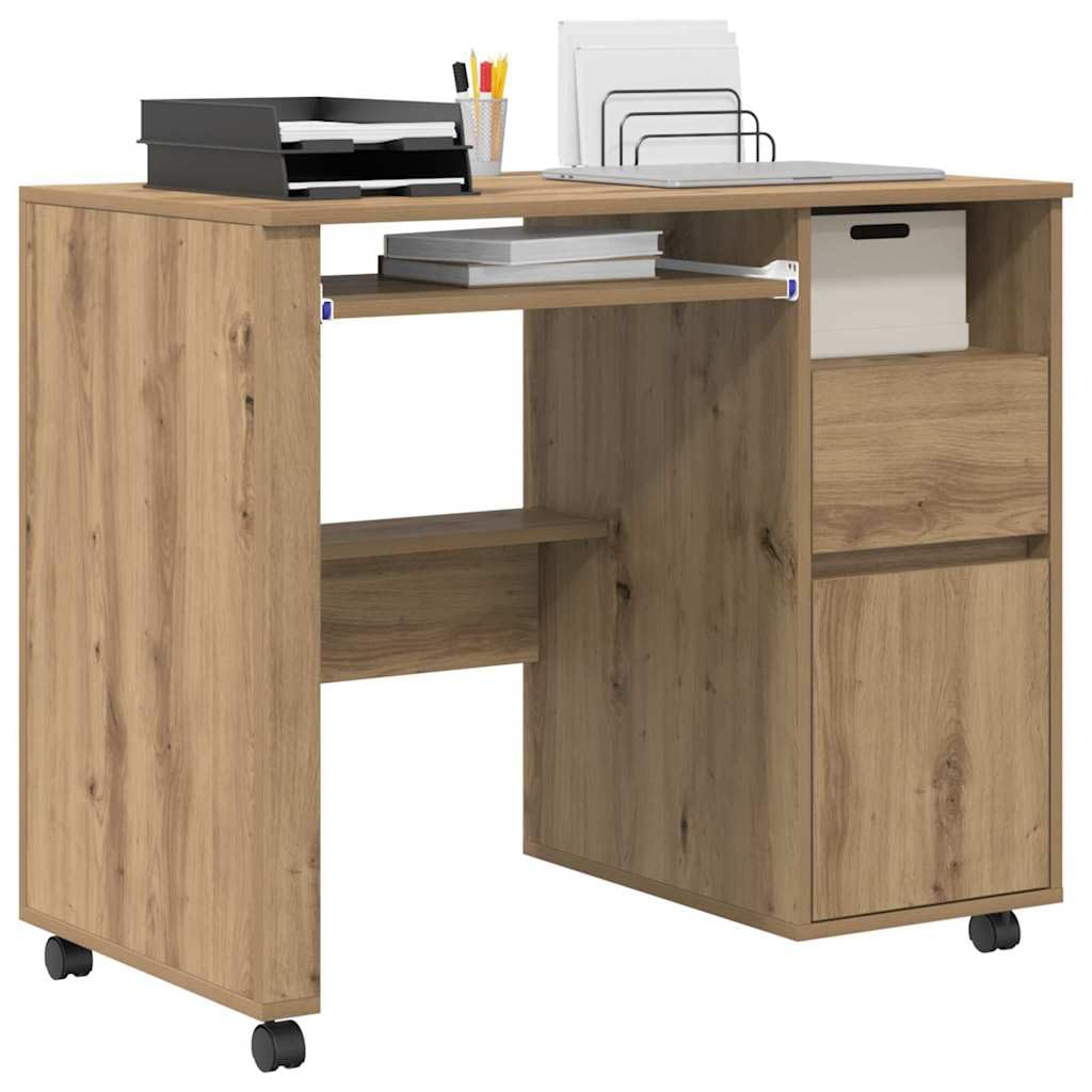 Tavolo per computer con ruote, rovere Artisan, 91 x 50 x 77 cm, materiale in legno, scrivania flessibile per casa, ufficio, giochi, cameretta dei bambini, con spazio di archiviazione