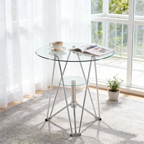 Mesa De Centro Moderna De Dos Niveles con Cristal Templado Y Espacio De Almacenamiento - Mesa De Comedor Redonda con Estructura De Acero, Capacidad para 2-4 Personas, Mesas De Conferencia